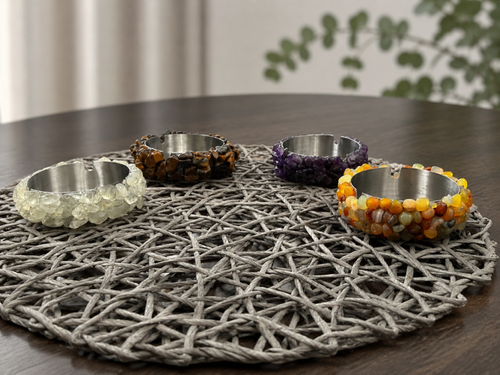 Crystal ashtray--stone-chip decorated metal ashtray