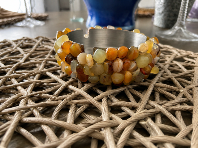 Crystal ashtray--stone-chip decorated metal ashtray